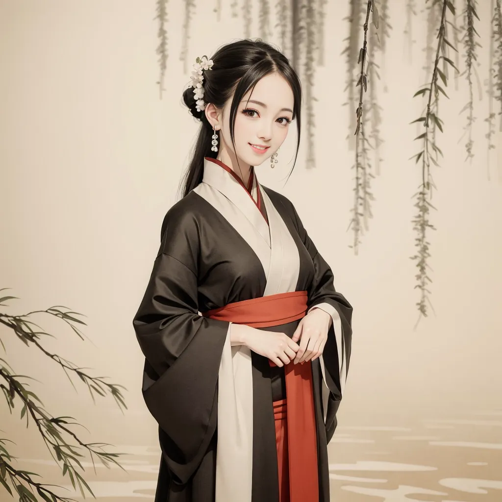 La imagen muestra a una mujer joven que lleva un vestido tradicional chino (Hanfu). El vestido es negro con acentos rojos y blancos. La mujer tiene el cabello negro y largo, y lleva una flor blanca en el cabello. También lleva pendientes rojos. El fondo de la imagen es de un color beige claro. La imagen tiene un aspecto suave y etéreo.