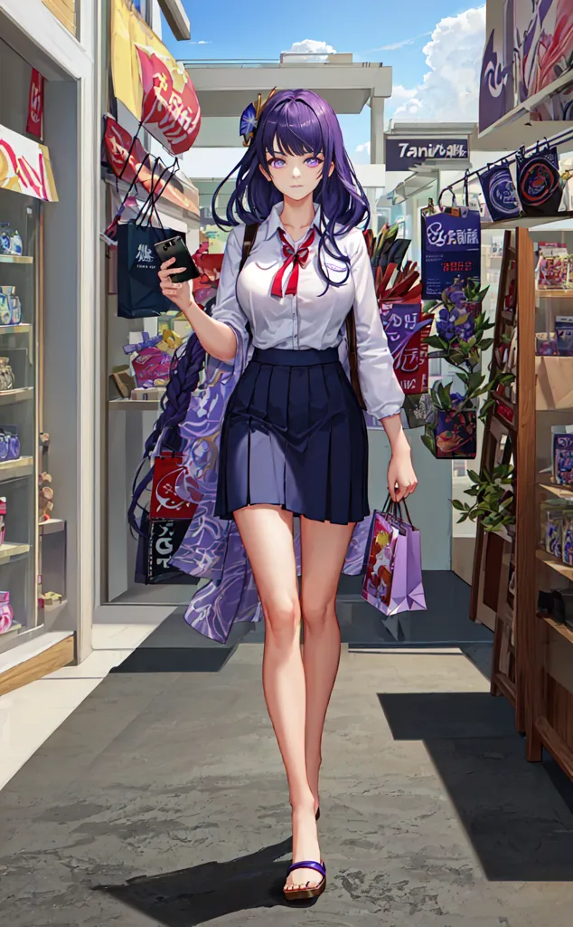 The image shows a young woman, with mid-thigh purple hair, wearing a white button-down shirt, a pleated skirt, and brown sandals. She is carrying a phone and a shopping bag in her right hand. She is walking in a shopping street with traditional-style Japanese shops on both sides. The sky is blue with some clouds.