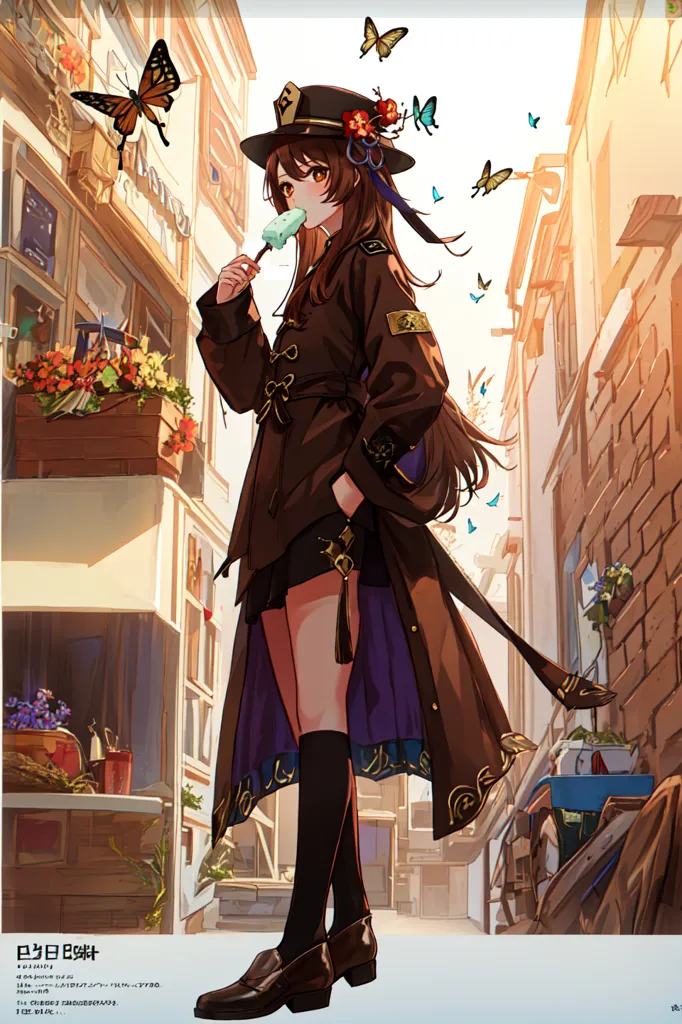 The image shows a girl with long brown hair wearing a brown coat and a hat with a red flower. She is eating a popsicle and there are butterflies around her. There are also flowers and plants in the background. The girl is standing in a street with buildings on either side. The image is drawn in a realistic style and the colors are vibrant and bright.