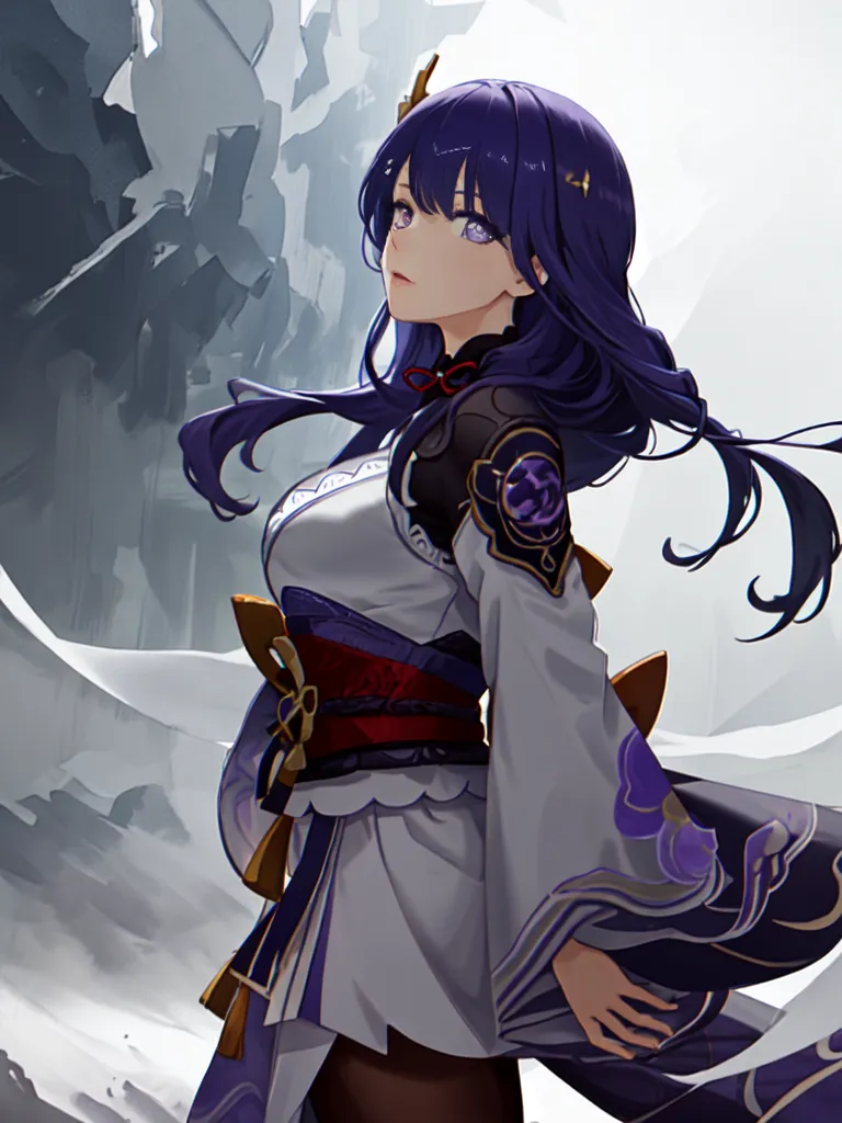 L'image montre une jeune femme aux cheveux et aux yeux violets. Elle porte un kimono blanc et violet avec une écharpe rouge. Elle a une expression sérieuse sur le visage. Elle se tient dans un paysage enneigé avec une grande formation rocheuse en arrière-plan.