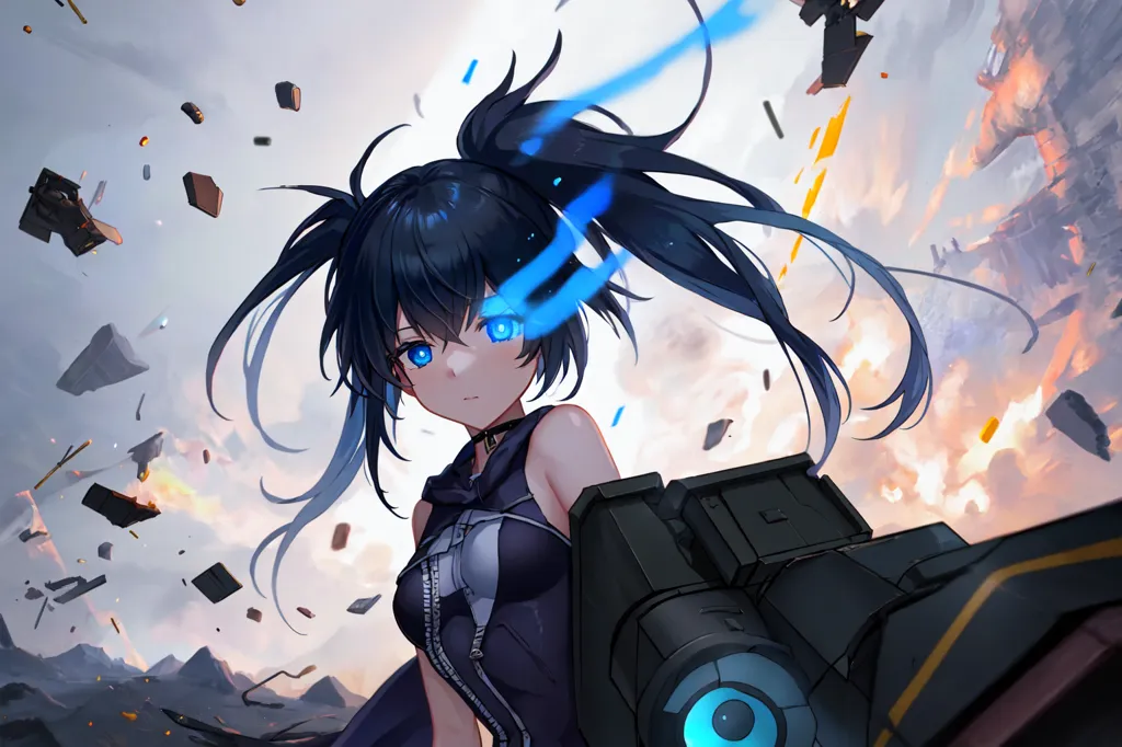 The image is a painting of a young woman with long blue hair and blue eyes. She is wearing a black and blue bodysuit and is holding a large gun. She is standing in a ruined city, with debris flying around her. The background is a sky of orange and blue. The painting is in a realistic style, and the artist has used a variety of techniques to create a sense of depth and realism. The overall effect is one of excitement and danger.