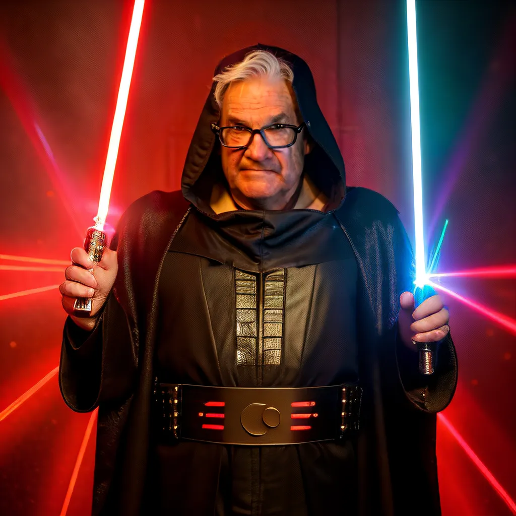 Um homem mais velho está vestido com um traje preto de Darth Vader, incluindo uma capa preta e uma máscara preta. Ele está segurando um sabre de luz vermelho e um azul em cada mão, respectivamente. Os sabres de luz estão apontados para a câmera. O homem está em pé diante de um fundo vermelho e há feixes de laser vermelho e azul saindo por trás dele.