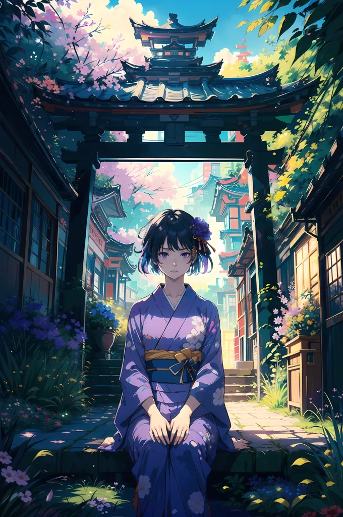 The image is a beautiful anime-style drawing of a young woman in a kimono. She is sitting on the ground in a traditional Japanese garden. The garden is full of flowers and plants, and there is a traditional Japanese house in the background. The woman is wearing a purple kimono with a floral pattern, and she has long black hair. She is looking at the viewer with a serene expression on her face.