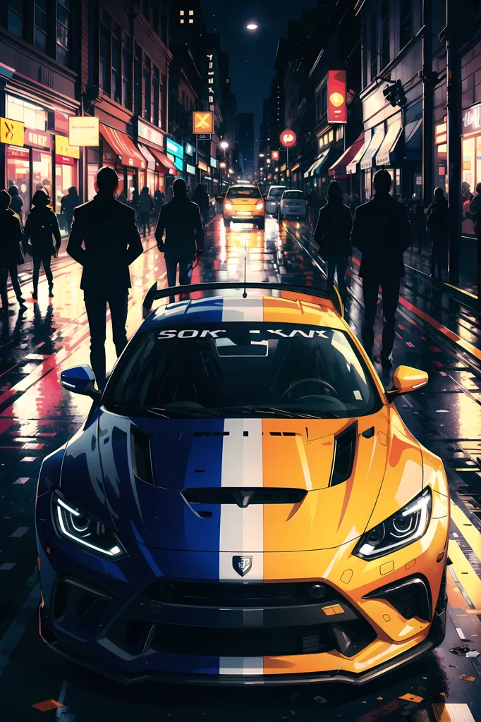 A yellow and blue sports car is parked on a city street at night. The car is in the foreground and is facing the viewer. The street is wet from the rain and the city lights are reflected in the water. There are people walking on the street on both sides of the car. The people are all wearing dark clothes and they are all walking in the same direction. The background of the image is a blurred cityscape.