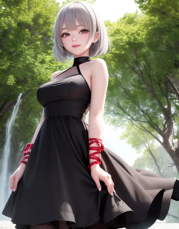 The image shows a beautiful young woman with silver hair and brown eyes. She is wearing a black halter dress with a high collar. The dress is sleeveless and has a fitted bodice. The skirt is full and flared. The woman is standing in a park with a fountain in the background. There are trees on either side of the fountain. The woman is smiling and looking at the viewer.