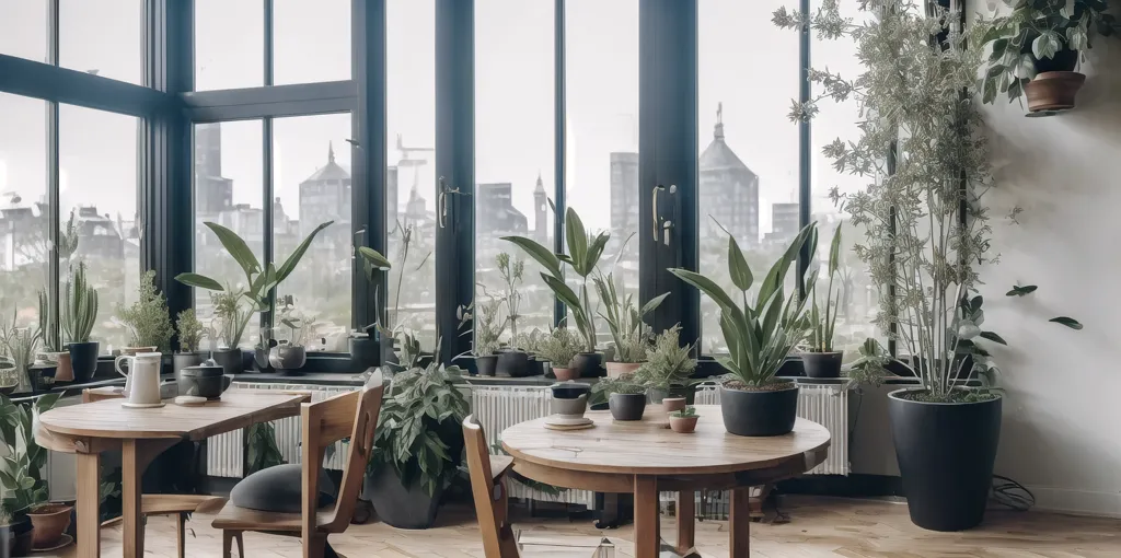 L'image montre une grande pièce lumineuse avec de nombreuses plantes. Il y a trois tables dans la pièce. Les tables sont en bois et ont des plateaux ronds. Il y a des chaises à côté des tables. Les chaises sont en bois et ont des coussins. Il y a des plantes sur les tables et sur le sol. Les plantes sont de différents types et de différentes tailles. Il y a une grande fenêtre dans la pièce. La fenêtre a des cadres noirs et est divisée en sections. La fenêtre laisse entrer beaucoup de lumière. Il y a une vue sur la ville à l'extérieur de la fenêtre. La pièce est décorée dans un style moderne. Les murs sont blancs et le mobilier est noir et en bois. La pièce est très lumineuse et aérée.