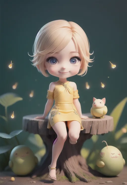 The image shows a cute chibi girl with short blonde hair and blue eyes. She is wearing a yellow sleeveless dress with a white collar. She is sitting on a tree stump in a forest. There are three creatures near her. One is sitting on her right shoulder, the other is sitting on the tree stump next to her, and the third is sitting in front of her on the ground. The girl has a happy expression on her face.