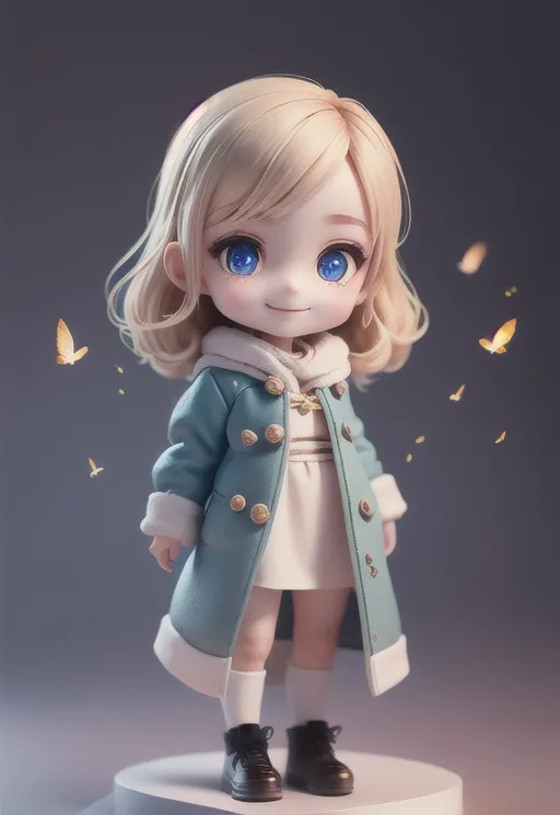 The image shows a cute little girl with blonde hair and blue eyes. She is wearing a blue coat and white dress. She has a happy expression on her face and is surrounded by butterflies. The background is a soft grey.