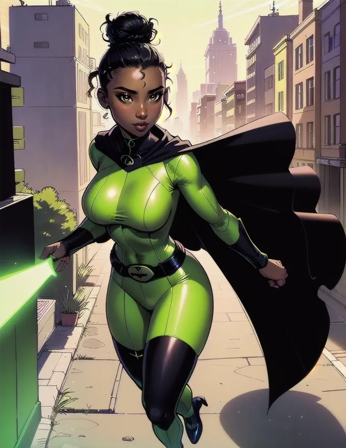 The image is of a black female superhero. She is wearing a green and black skin-tight suit with a cape. She has brown eyes and black hair tied in a bun. She is standing in an urban setting with a city in the background. She is holding her hand out with a green glow around it.