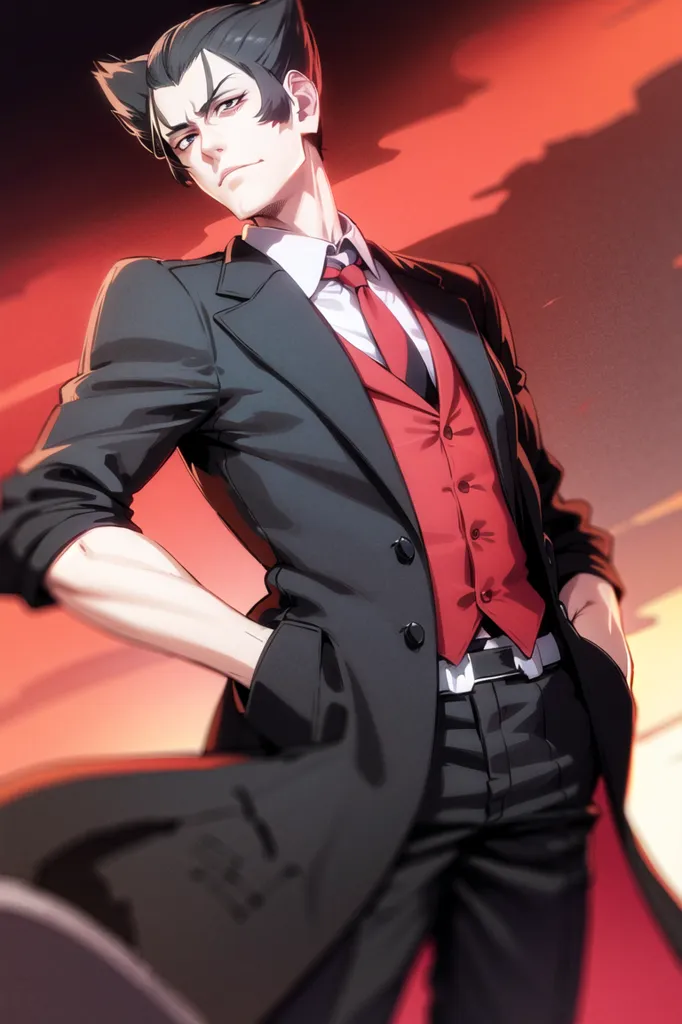 The image shows a man with black hair and red eyes wearing a black suit, red vest, white shirt and red tie. He has one hand on his hip and the other holding his suit jacket closed. He is standing in front of a red background with a gradient to orange at the top.