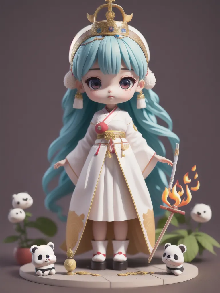 Esta imagen muestra a una chica de estilo anime con el cabello azul largo. Lleva un kimono blanco y dorado con un obi rojo. También lleva una corona dorada y tiene una pequeña llama saliendo de su mano. Está de pie sobre una pequeña plataforma con cuatro cachorros de panda jugando a su alrededor. La chica está de pie frente a un fondo gris.