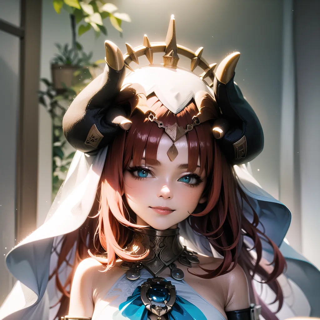 This image shows an anime-style girl with long brown hair and blue eyes. She is wearing a white and gold headdress with horns, a white and gold dress with a blue gem in the center, and black gloves. She is standing in front of a white background with a plant in the top left corner.