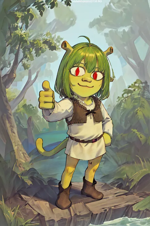 This image is of a green-skinned humanoid creature with large pointed ears, red eyes, and a wide mouth. It is wearing a white shirt, brown vest, and brown boots. The creature is standing on a wooden dock in front of a river surrounded by trees. It is giving a thumbs-up with its right hand.