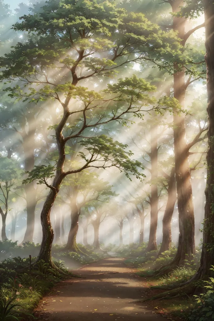 The image is a digital painting of a forest path. The path is made of dirt and is surrounded by tall trees. The trees are covered in green leaves. There is a white fog in the air. The sun is shining through the trees.