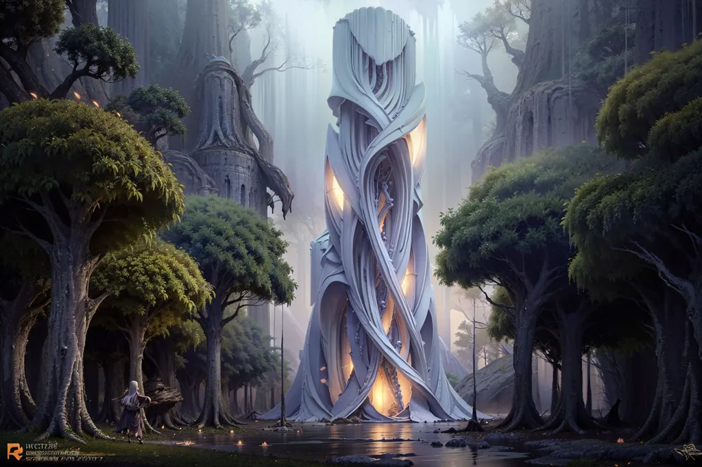 La imagen es una pintura digital de un paisaje fantástico. La escena se desarrolla en un bosque, con árboles altos y antiguos y un río sinuoso. En el medio del bosque, hay una torre alta y blanca. La torre está cubierta de símbolos extraños y brilla con una luz interior. Una figura se encuentra en la base de la torre, mirándola con asombro. La pintura está hecha en un estilo realista, con gran atención al detalle. Los colores son vibrantes y la iluminación es dramática. El efecto general es de belleza y misterio.