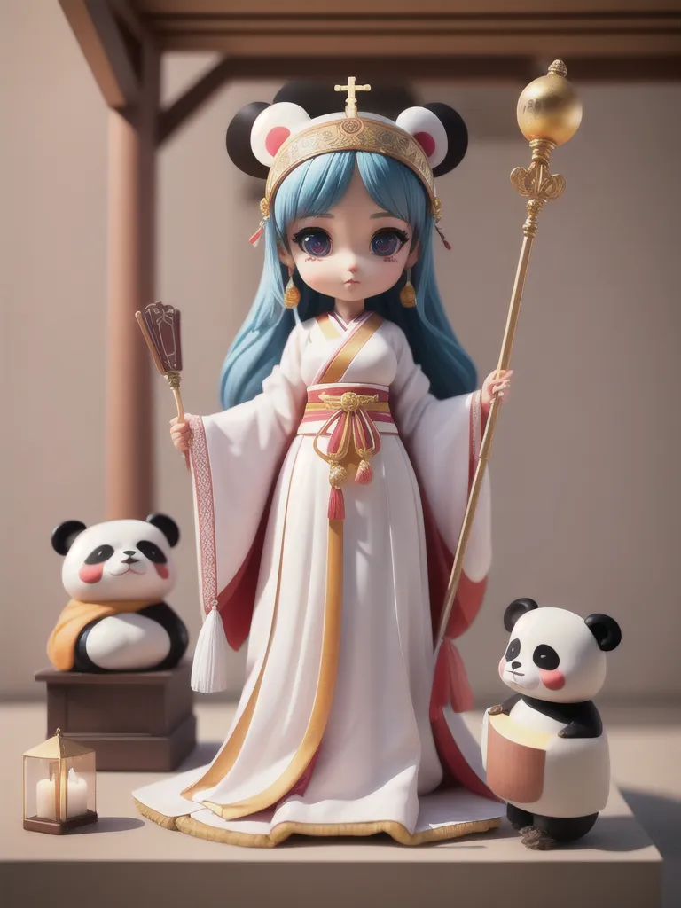 The image shows a figurine of a girl in a white and gold kimono with blue hair and panda ears. She is holding a staff with a golden orb on top and a fan. There are two panda cubs beside her, one on her left holding a lantern and the other on her right holding a bowl. The girl is standing on a platform with a brown wooden fence behind her.