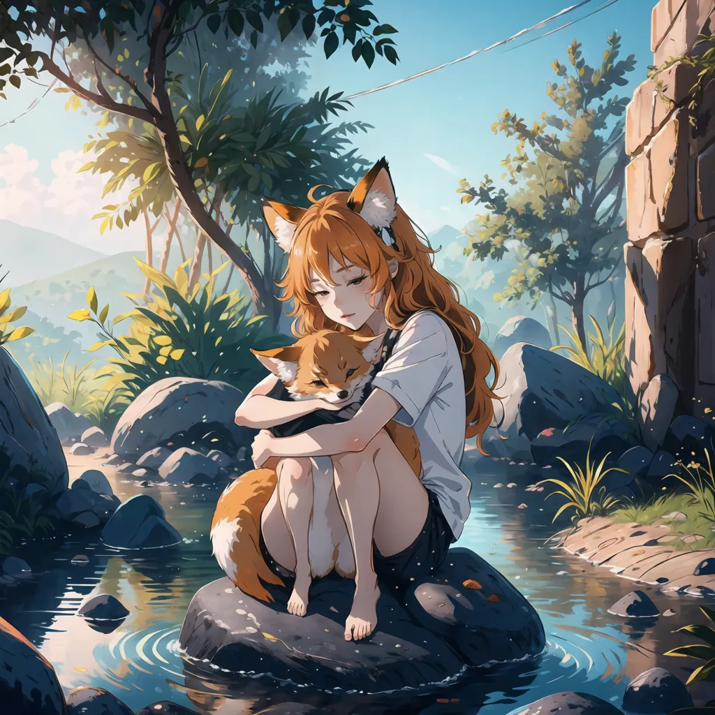 The image is of an anime girl with fox ears and a fox tail. She is sitting on a rock in a river, with her feet in the water. She is wearing a white shirt and shorts. The fox is curled up in her lap, and she is hugging it. The background is a forest, with green trees and mountains in the distance. The sun is shining through the trees. The image is peaceful and relaxing.