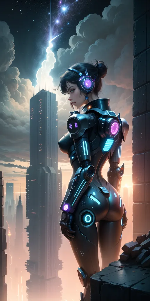 L'image est une peinture numérique d'un cyborg féminin. Elle se tient sur un toit, regardant au-dessus d'une ville. La ville est en arrière-plan et est dépeinte comme un endroit sombre et futuriste. La femme porte une combinaison noire et bleue. Elle a de nombreuses améliorations cybernétiques, notamment un bras et une jambe robotiques. Elle a aussi un œil bleu lumineux. La femme est debout dans une pose puissante, et elle semble prête à tout affronter.