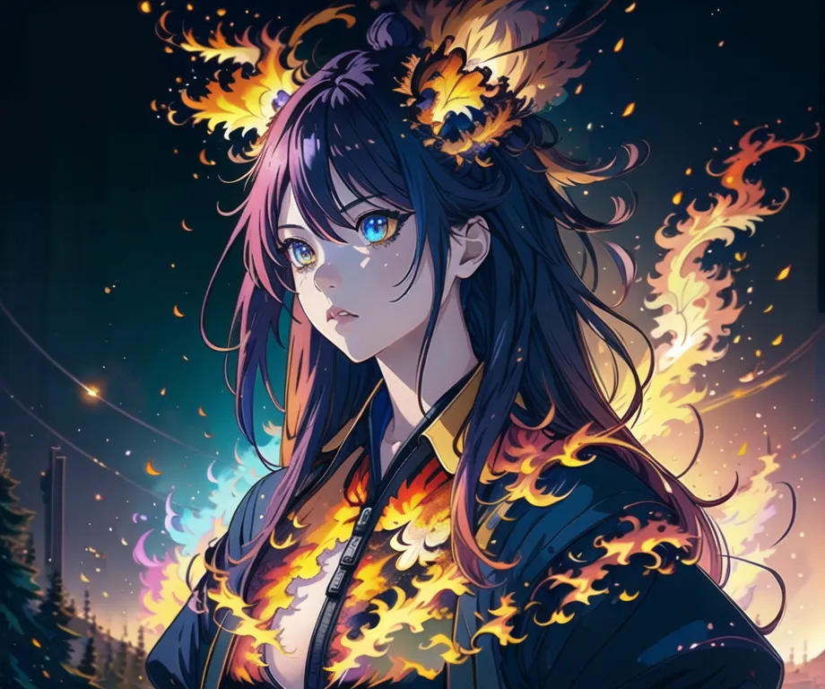 The image is of a young woman with long blue hair and blue eyes. She is wearing a black jacket with yellow and orange flames on it. She also has orange and yellow flowers in her hair. The background is dark blue with a few specs of white, and she has a serious expression on her face.