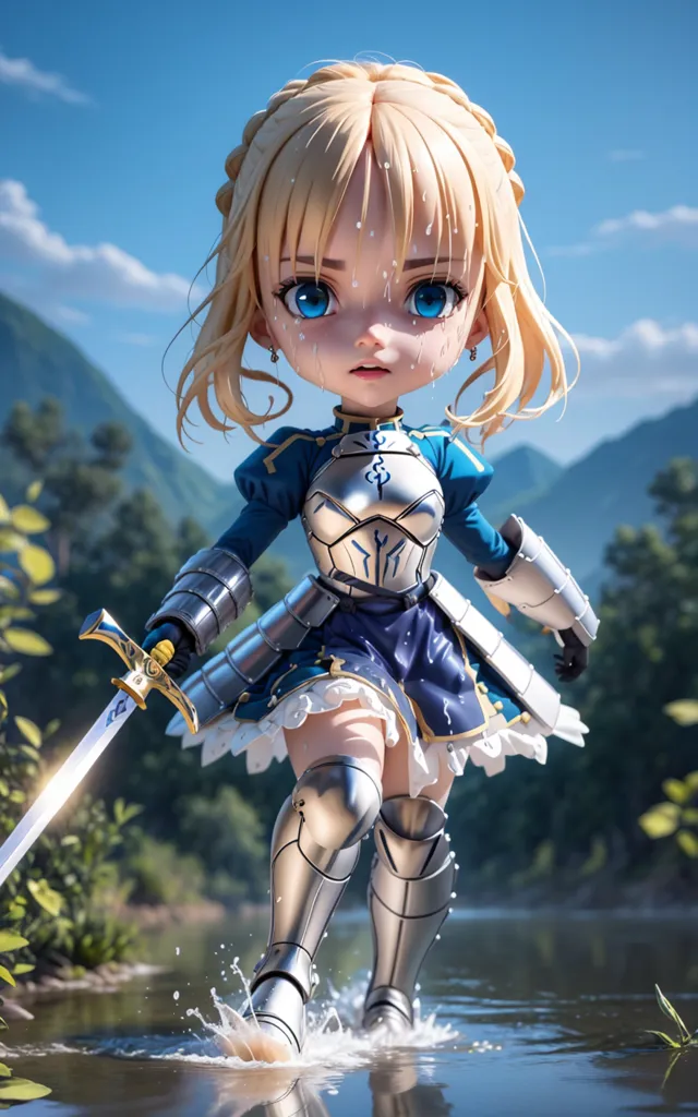 The image shows a young girl with short blonde hair and blue eyes. She is wearing a blue and white dress with a white cape. She is also wearing a breastplate and a helmet. She is carrying a sword in her right hand. She is standing in a river and looks like she is about to fall over.