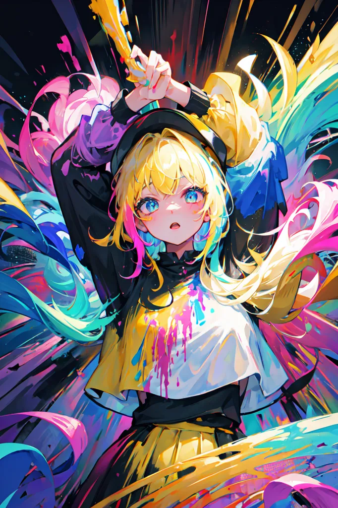 The image contains a young woman with long blonde hair and blue eyes. She is wearing a black hat and a white shirt. She is covered in paint and holding a paintbrush. The background is a bright and colorful abstract painting.