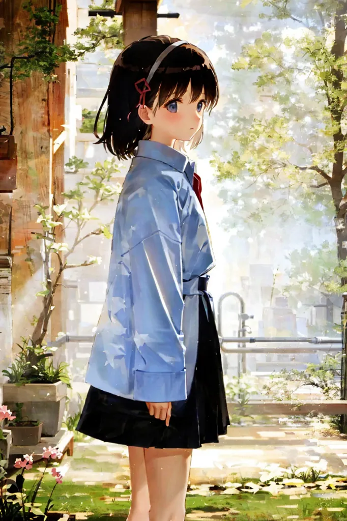 The image is a painting of a young girl standing in a lush garden. She is wearing a blue shirt and a black skirt. Her hair is short and dark, and her eyes are a light blue color. She is looking to the right of the frame, with a somewhat sad expression on her face. The background is blurry, but it appears to be a garden with a lot of plants and flowers. The painting is done in a realistic style, and the colors are vibrant and lifelike.