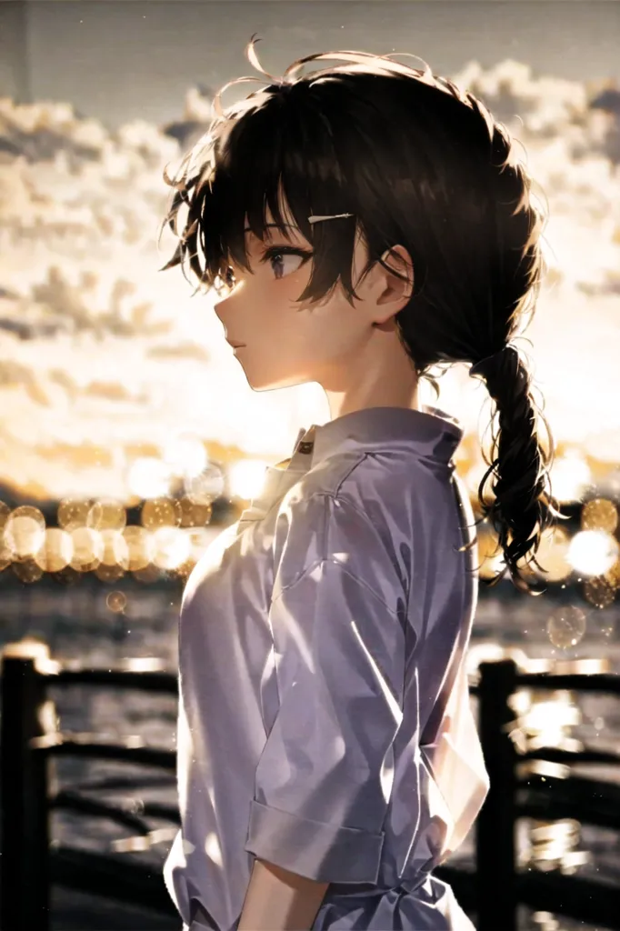 The image is a portrait of a young woman with long black hair and brown eyes. She is wearing a white shirt and has a ponytail. She is standing in front of a blurred background of a city at night. The image is drawn in a realistic style and the colors are vibrant. The woman's expression is pensive and thoughtful.