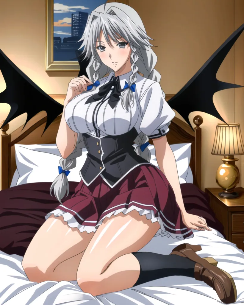 The image contains a young woman with silver hair and purple eyes. She is wearing a white blouse, a black vest, and a red pleated skirt. She also has black boots and a blue bow in her hair. She is sitting on a bed with one hand on her chest and the other on her leg. She has a serious expression on her face. There is a picture on the wall behind her and a lamp on the nightstand beside her.