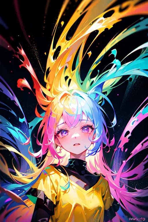 The image is a portrait of a young woman with long, flowing hair that is a rainbow of colors, including yellow, pink, blue, and green. She is wearing a yellow shirt and has a paint-like substance dripping down her face and neck. Her eyes are closed and she has a serene expression on her face. The background is black and there are no other objects in the image.