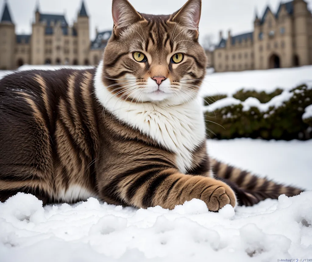 Um gato listrado marrom com patas brancas e uma barriga branca está deitado na neve em frente a um grande castelo. O gato tem olhos amarelos e um nariz rosa. Ele está olhando para a câmera com uma expressão séria. O castelo é feito de pedra cinza e tem muitas torres e ameias. Ele está cercado por um grande gramado coberto de neve.