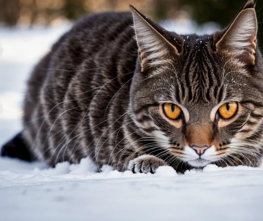 A cat is crouching in the snow, its eyes wide and alert. The cat is brown and black, with white paws and a white belly. Its tail is long and fluffy, and its ears are pointed. The cat is looking at something just out of frame, and its fur is bristling slightly. The background of the image is blurry, but it looks like there are trees in the distance. The cat is in a hunting position, and it is likely that it is about to pounce on its prey.