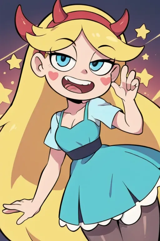 A imagem é da Star Butterfly do desenho animado "Star vs. as Forças do Mal". Ela é retratada como uma jovem com cabelos loiros longos, olhos azuis e chifres vermelhos. Ela está usando um vestido azul com um colarinho branco e calças leggings pretas. Ela está sorrindo e acenando para o espectador. O fundo é um céu estrelado à noite.