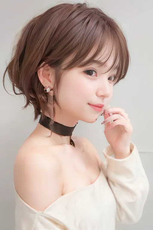 The image shows a young woman with short brown hair and bangs. She is wearing a white off-the-shoulder top and a black choker. She has a gentle smile on her face and is looking to the side. Her hair is styled with the \