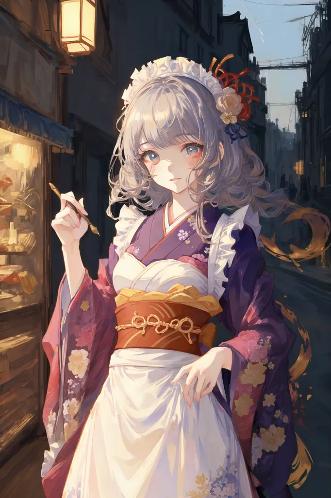 La imagen es una pintura de una mujer joven vestida con un kimono y un delantal. Tiene el cabello largo y plateado y ojos púrpura. Está de pie en una calle con una linterna de fondo. La pintura está hecha en un estilo realista y los colores son vibrantes y realistas.