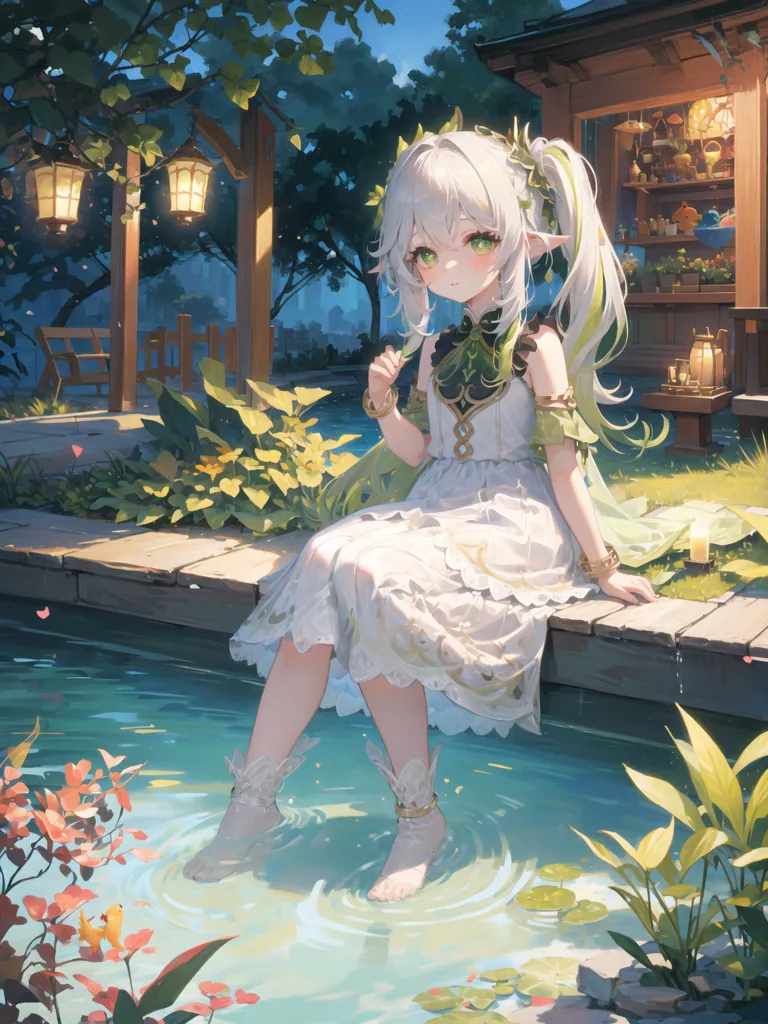 A imagem é de uma garota de anime com cabelos brancos longos e olhos verdes. Ela está usando um vestido branco com uma faixa verde e tem uma flor no cabelo. Ela está sentada em uma rocha em um lago, com os pés na água. Há plantas e flores ao redor dela. No fundo, há uma casa com uma lanterna pendurada. A garota está sorrindo e parece feliz e tranquila.