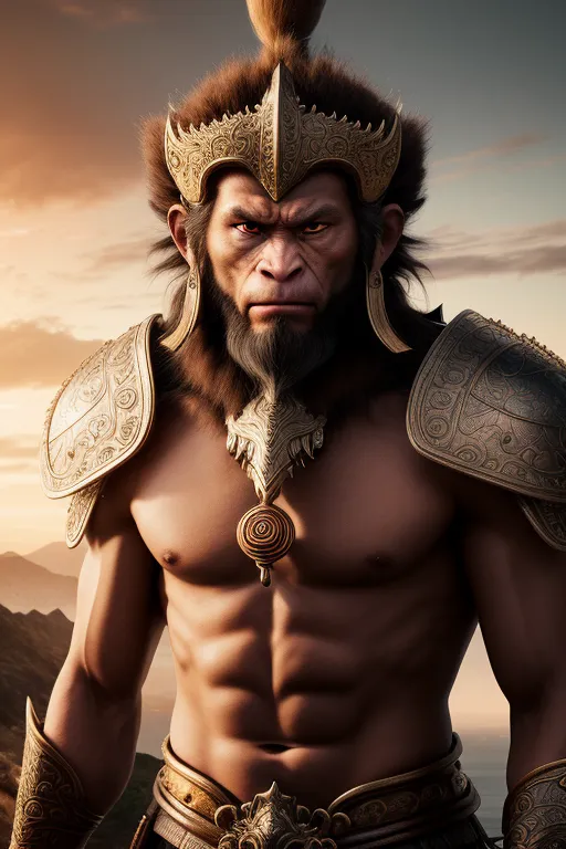 The image shows a muscular man with brown fur and a gold crown. He is wearing a golden necklace and a golden belt. He has a stern expression on his face and is looking at the viewer with his brown eyes. The background is a blurred sunset in the mountains.