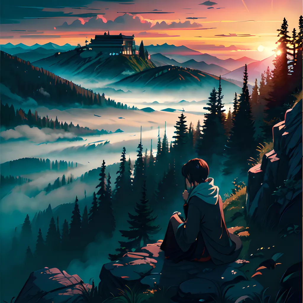 The image is of a person sitting on a cliff overlooking a valley. The valley is filled with mist and fog. There are mountains in the background and a castle on a hill. The sky is a gradient of orange and yellow. The person is wearing a dark cloak.