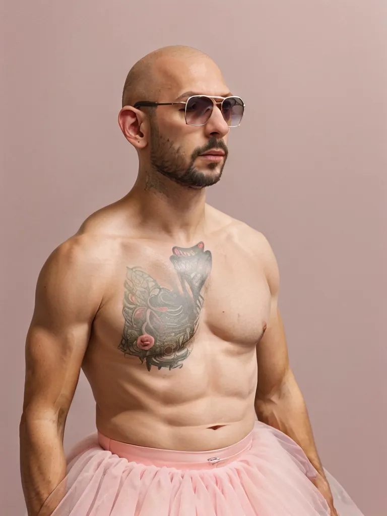 The image shows a bald man with a beard and tattoos on his chest. He is wearing sunglasses and a pink tutu. He has his hands in his pockets and is looking to the side. The background is a solid pink color.