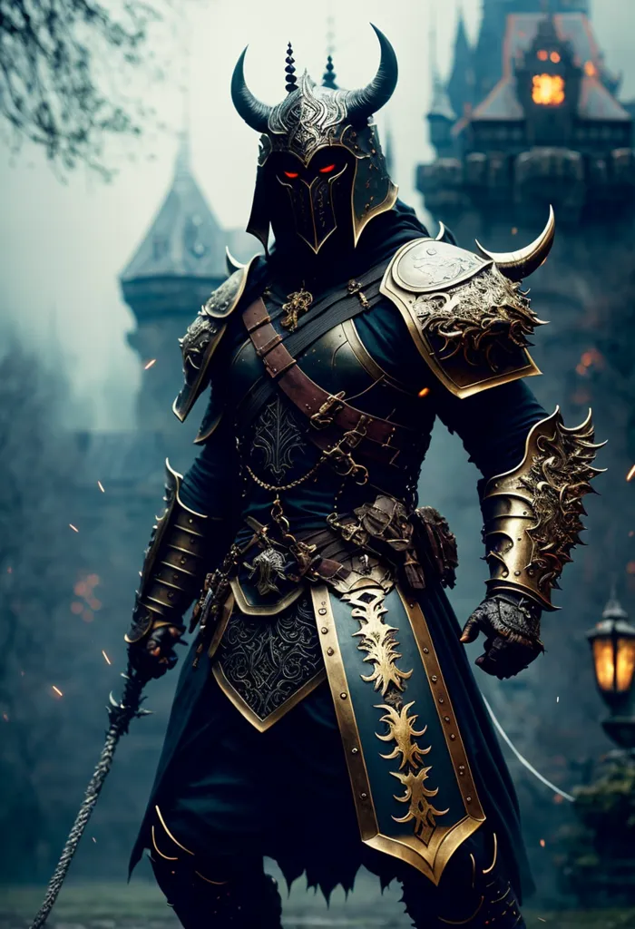 The image shows a knight in dark, ornate armor with glowing red eyes. He is standing in front of a castle, with a sword in one hand and a shield in the other. The knight is surrounded by a dark aura, and the scene is lit by a single torch.