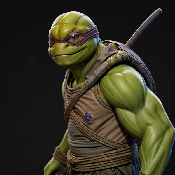 Esta es una representación en 3D de una Tortuga Ninja Adolescente Mutante. La tortuga lleva una máscara morada y tiene un cinturón marrón con una hebilla amarilla. La piel de la tortuga es verde y tiene una complexión musculosa. La tortuga está en posición de combate y mira al espectador con una expresión decidida.