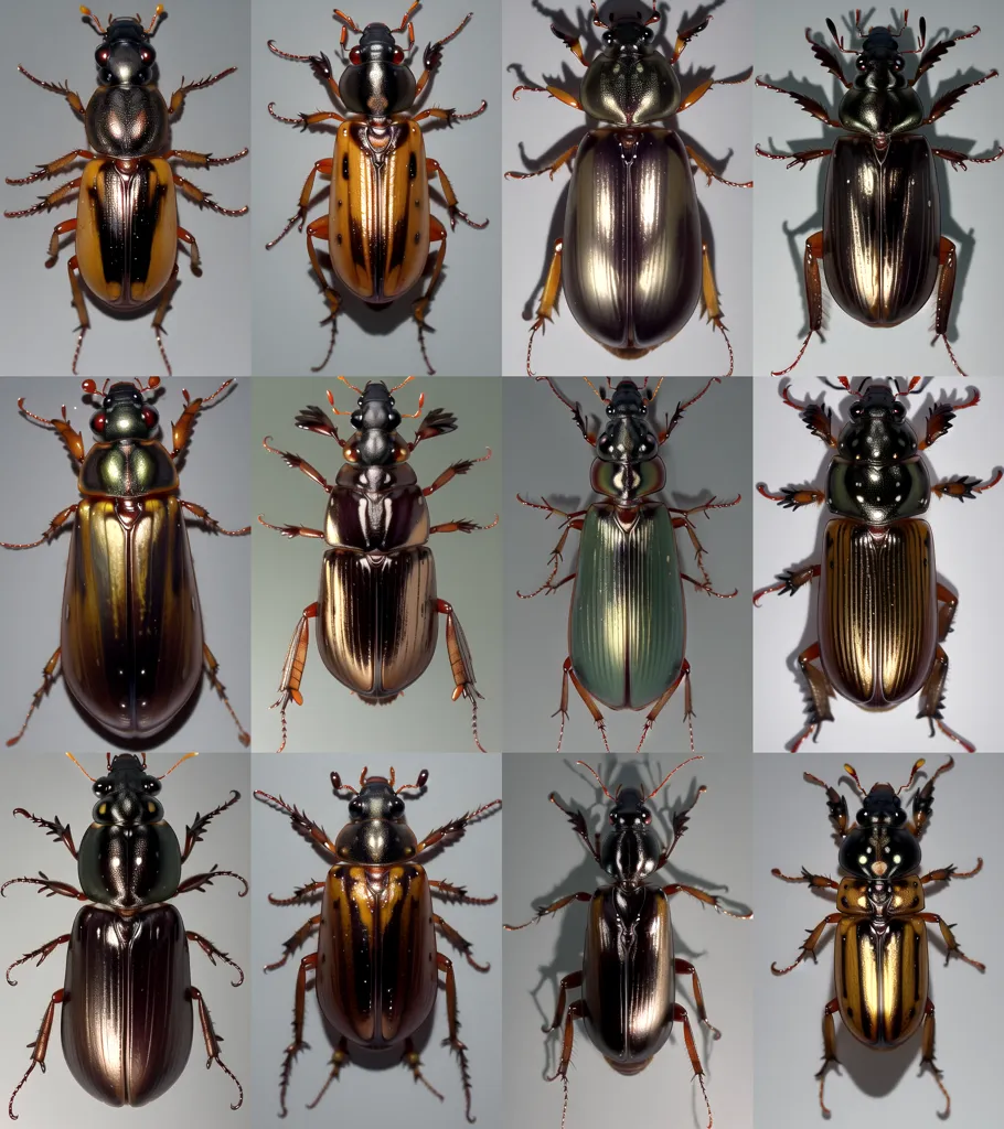 La imagen muestra 12 especies diferentes de escarabajos. Todos son de diferentes colores y tamaños. Algunos tienen exoesqueletos brillantes, mientras que otros tienen exoesqueletos opacos. Algunos tienen antenas largas, mientras que otros tienen antenas cortas. Todos están dispuestos en un patrón de cuadrícula.