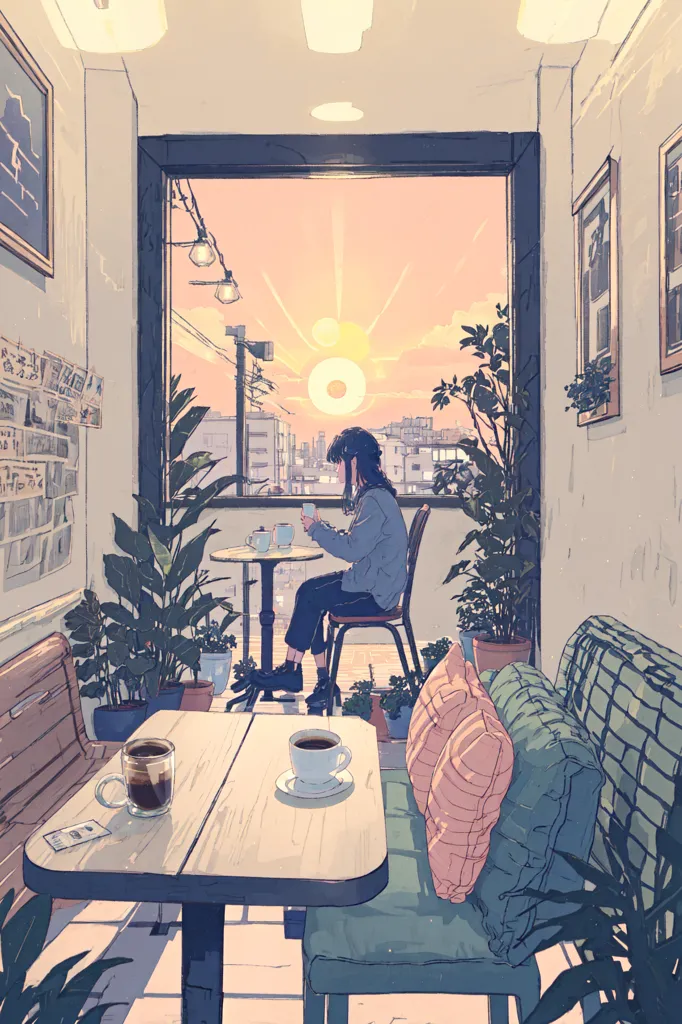 La imagen es una hermosa ilustración de una cafetería. La tienda está decorada con plantas y tiene una gran ventana que da a una calle de la ciudad. Hay una mujer joven sentada en una mesa en primer plano, bebiendo café y mirando su teléfono. La imagen es cálida y atractiva, y captura la sensación de una tarde relajante en una cafetería.