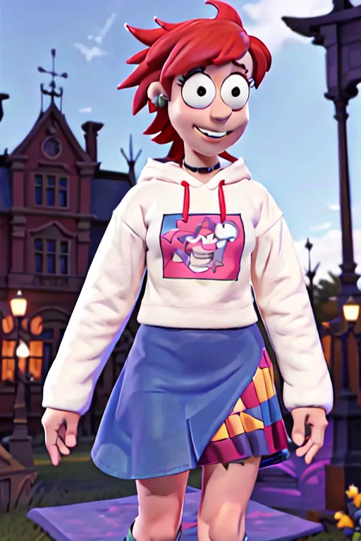 The image shows a young woman, with an excited expression on her face, wearing a white hoodie with the image of a dinosaur on it, a blue pleated skirt, and brown boots. She has bright red hair and green eyes. She is standing in a town with a large building behind her that has a clock tower.