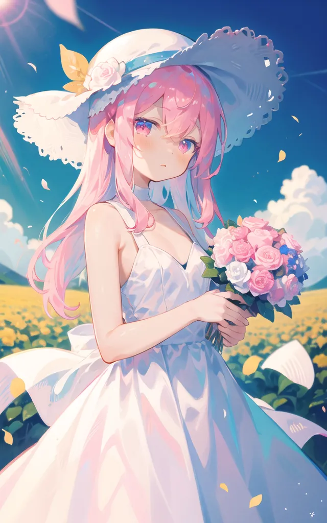 The image is a painting of a young woman with pink hair and purple eyes. She is wearing a white dress and a large white hat with a blue ribbon. She is standing in a field of yellow flowers and is holding a bouquet of pink and white roses. The background is a blue sky with white clouds. The painting is in a realistic style and the colors are vibrant and bright.