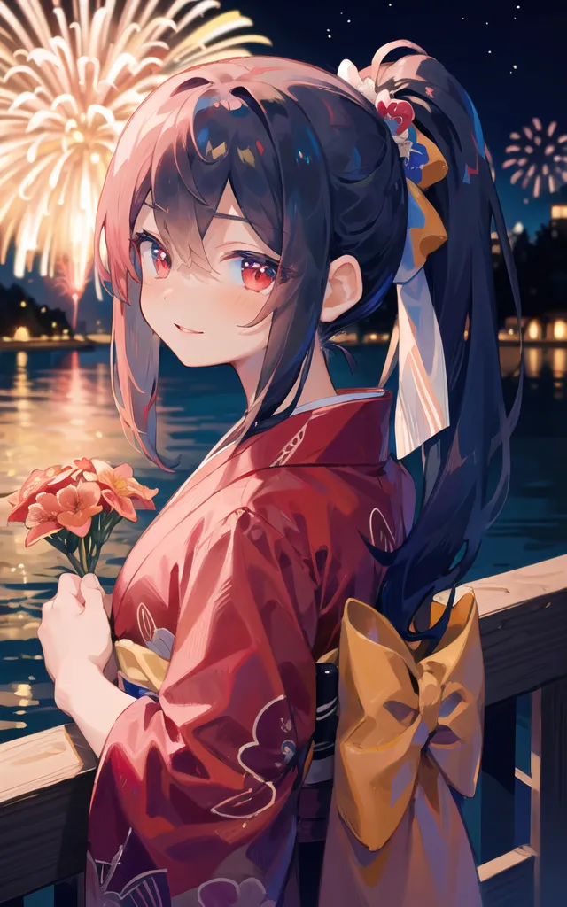 The image is of a young woman in a red kimono with a yellow obi. She has long brown hair tied in a ponytail and is holding a bouquet of flowers. She is standing on a bridge or dock with a railing, looking out at a body of water. There are fireworks in the sky and a cityscape in the distance. The image is in a realistic style and the colors are vibrant and bright.