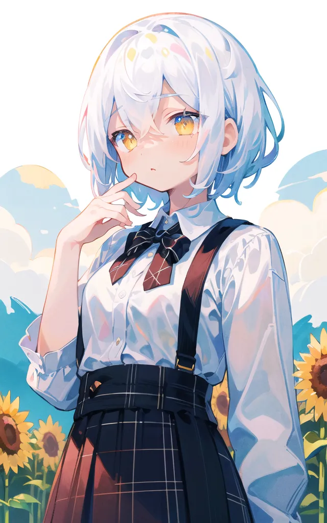 The image is of a young girl with white hair and yellow eyes. She is wearing a white shirt, a plaid skirt, and a pair of suspenders. She is standing in a field of sunflowers. The background is a blue sky with white clouds. The girl is looking at the viewer with a curious expression on her face.