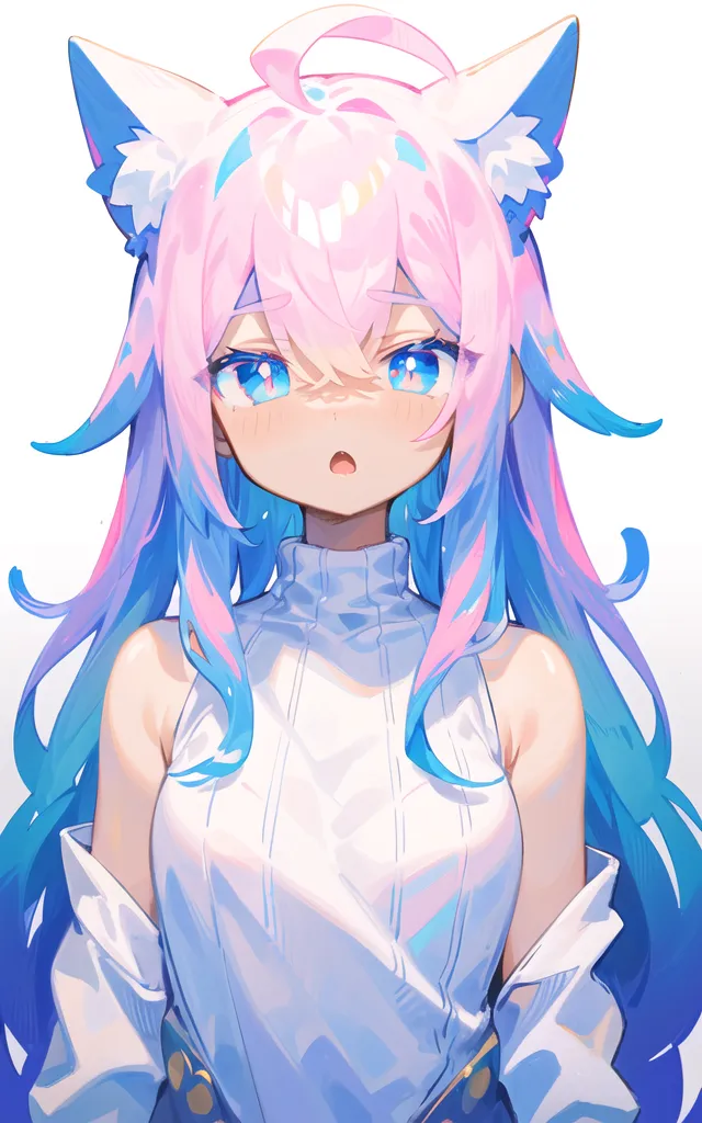 The image is a digital painting of a young woman with pink and blue hair. She has cat ears and blue eyes. She is wearing a white sleeveless turtleneck blouse. She has a surprised expression on her face. The background is white.