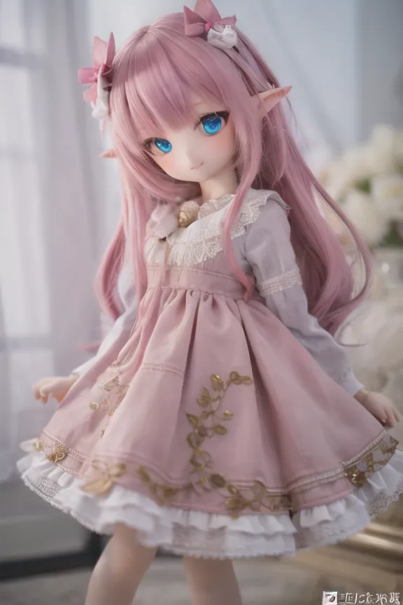 The image shows a doll with pink hair and blue eyes. She is wearing a pink dress with white sleeves and a white collar. The dress is decorated with gold and silver embroidery. She is also wearing a pair of white shoes with pink bows. The doll is standing in front of a white background.