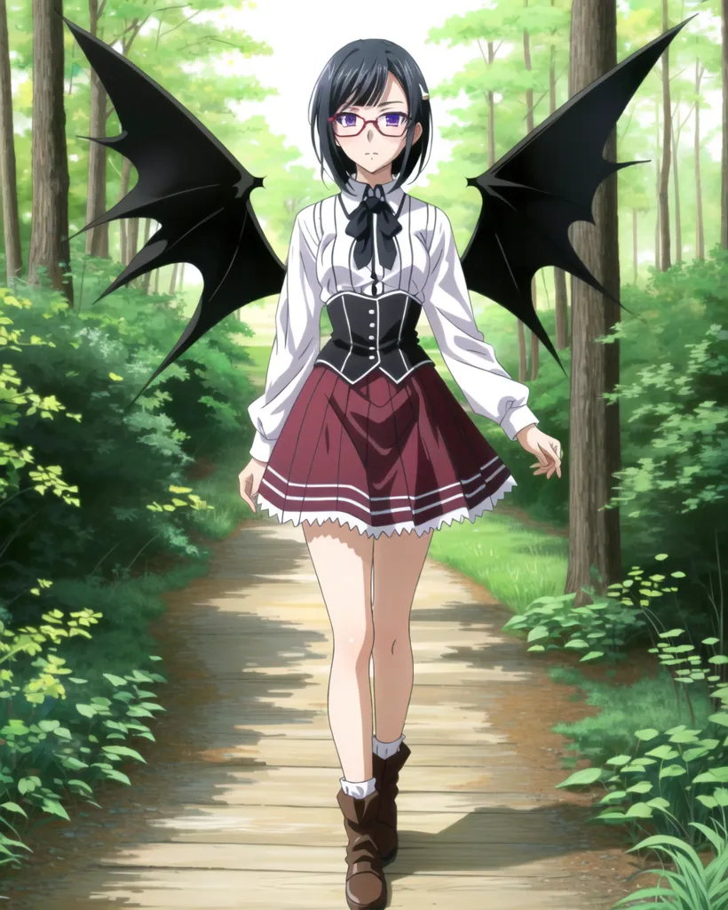 This is an image of a young woman with long black hair and purple eyes. She is wearing a white blouse, a black vest, and a red and black pleated skirt. She also has black boots and glasses. She has black bat wings and is walking down a path in a forest.