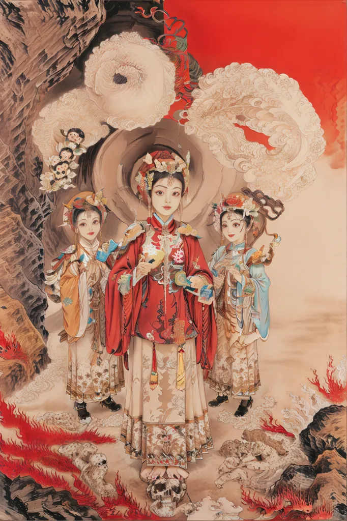 La imagen es una pintura china de tres mujeres con ropa tradicional china. Las mujeres están de pie en un paisaje rocoso con nubes y montañas en el fondo. La mujer del medio lleva una bata roja y sostiene un abanico. La mujer de la izquierda lleva una bata azul y sostiene un pájaro. La mujer de la derecha lleva una bata verde y sostiene una flor. La pintura está hecha en un estilo realista y los colores son vibrantes y realistas.